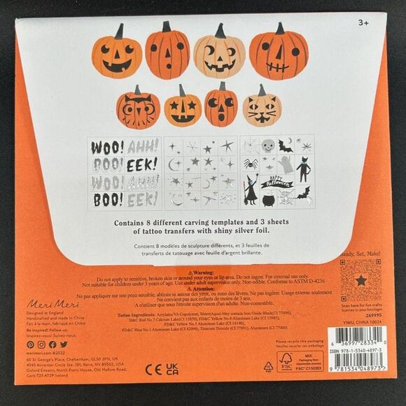 #2) Meri Meri Pumpkin Deco Kits. 8 Carving Templates, 3 Sheets Tattoo Transfers. - Picture 2 of 7
